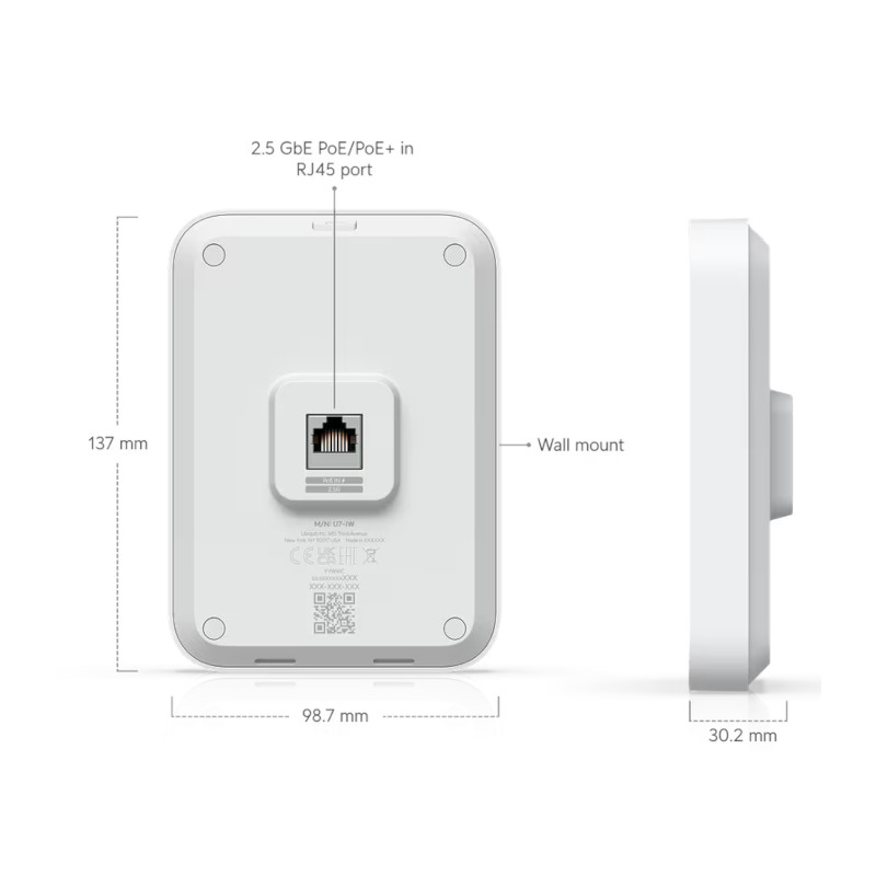 Ubiquiti U7 In-Wall – punto de acceso WiFi 7 dual radio 2.4/5 GHz – cobertura 1,250 ft², 200+ usuarios - U7-IW Ubiquiti - 1