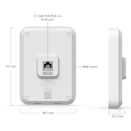 Ubiquiti U7 In-Wall – punto de acceso WiFi 7 dual radio 2.4/5 GHz – cobertura 1,250 ft², 200+ usuarios - U7-IW Ubiquiti - 1