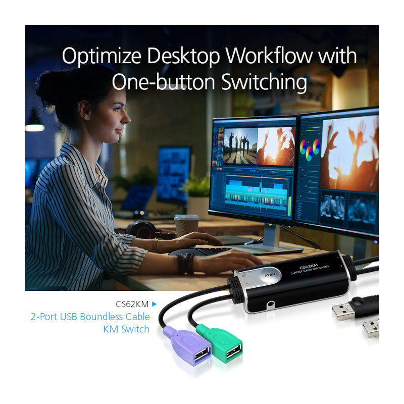 Control de teclado y ratón para dos computadoras – 2 puertos USB, boundless switching – ATEN – CS62KM Aten - 2