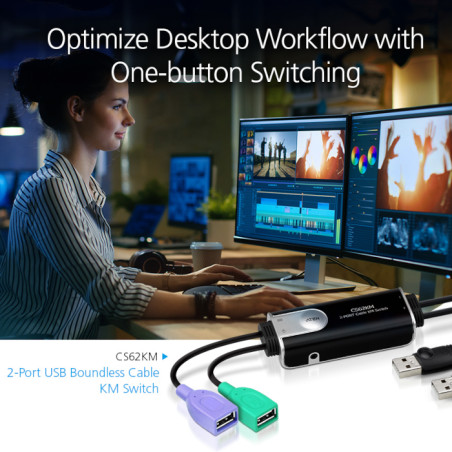 Control de teclado y ratón para dos computadoras – 2 puertos USB, boundless switching – ATEN – CS62KM Aten - 2