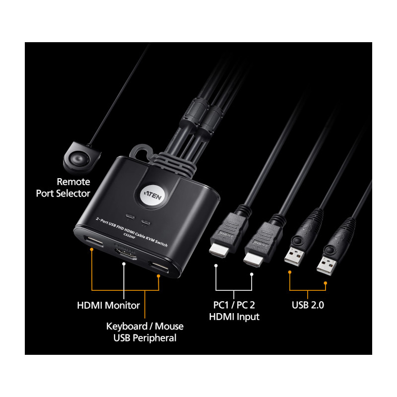 Cambio rápido entre dos computadoras en escritorio – 2 puertos USB y HDMI Full HD – ATEN – CS22HF Aten - 4