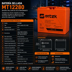 BATERIA SELLADA VRLA AGM 12V 88 AMP - MT1288 mtek - 1