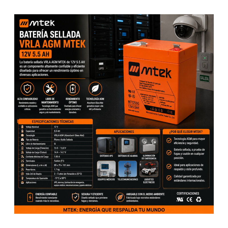 BATERIA SELLADA VRLA AGM MTEK - 12V 5.5 AH mtek - 1