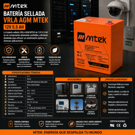 BATERIA SELLADA VRLA AGM MTEK - 12V 5.5 AH mtek - 1