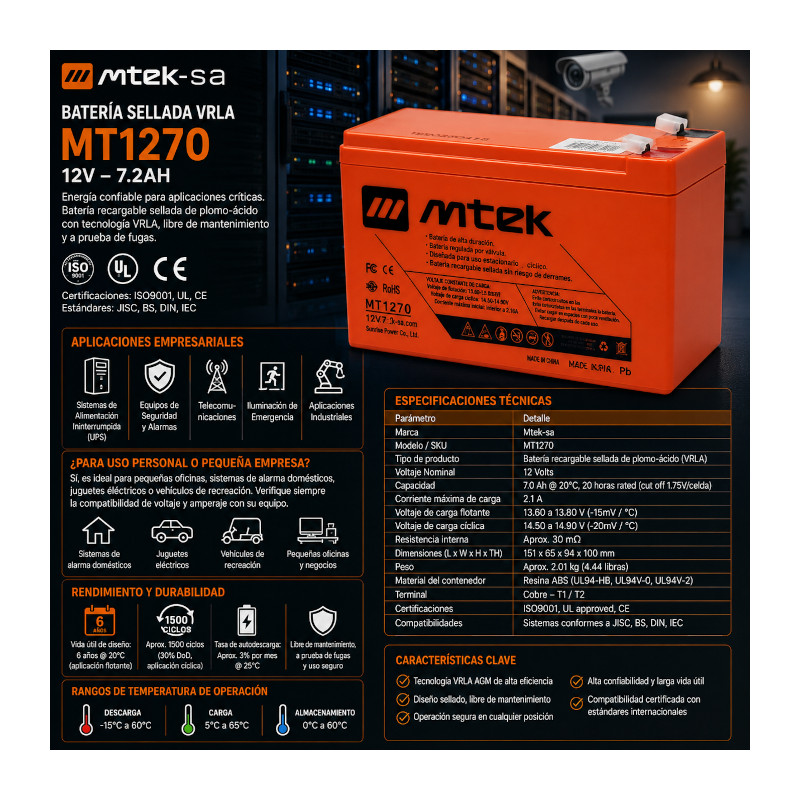 Batería Recargable para Sistemas de Respaldo y Ciclos – 12V 7.0Ah – Mtek-sa – MT1270 mtek - 1
