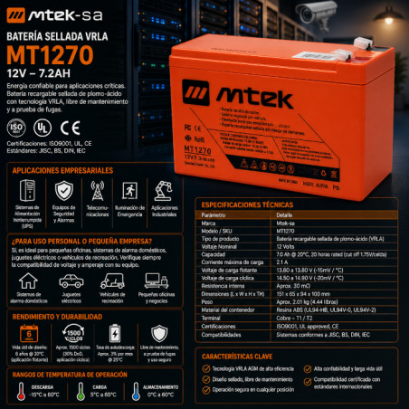 Batería Recargable para Sistemas de Respaldo y Ciclos – 12V 7.0Ah – Mtek-sa – MT1270 mtek - 1
