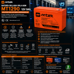 Batería para Sistemas de Seguridad y UPS – 12V 9Ah Sellada VRLA AGM – MTEK – MT1290 mtek - 1