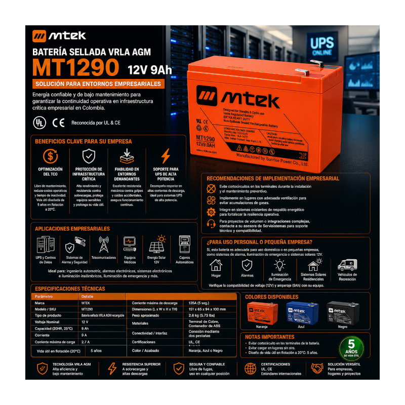 Batería para Sistemas de Seguridad y UPS – 12V 9Ah Sellada VRLA AGM – MTEK – MT1290 mtek - 1