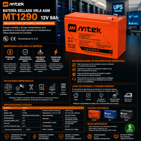 Batería para Sistemas de Seguridad y UPS – 12V 9Ah Sellada VRLA AGM – MTEK – MT1290 mtek - 1