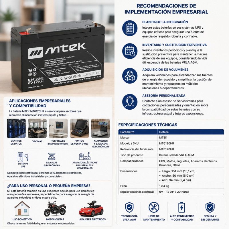 Batería para UPS, Motos y Aparatos Eléctricos – 6V 12Ah VRLA AGM – MTEK – MT6120HR mtek - 1
