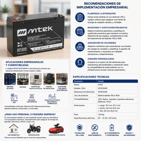 Batería para UPS, Motos y Aparatos Eléctricos – 6V 12Ah VRLA AGM – MTEK – MT6120HR mtek - 1