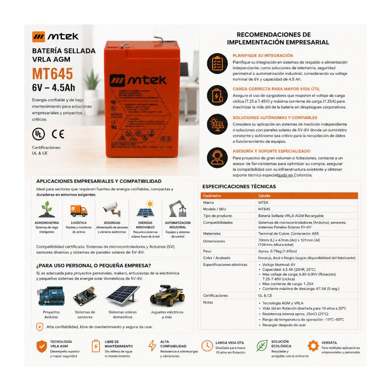 Batería para Sistemas Arduino, Sensores y Paneles Solares 5V-6V – 6V 4.5Ah Sellada VRLA AGM – MTEK – MT645 mtek - 1