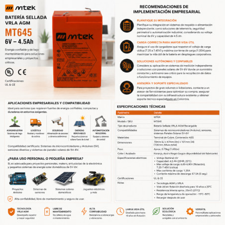 Batería para Sistemas Arduino, Sensores y Paneles Solares 5V-6V – 6V 4.5Ah Sellada VRLA AGM – MTEK – MT645 mtek - 1