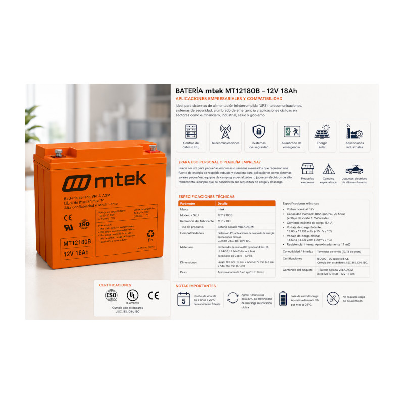 Batería para Sistemas UPS – 12V 18Ah Sellada VRLA AGM – mtek – MT12180B mtek - 2