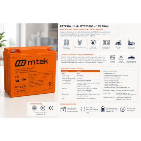Batería para Sistemas UPS – 12V 18Ah Sellada VRLA AGM – mtek – MT12180B mtek - 2