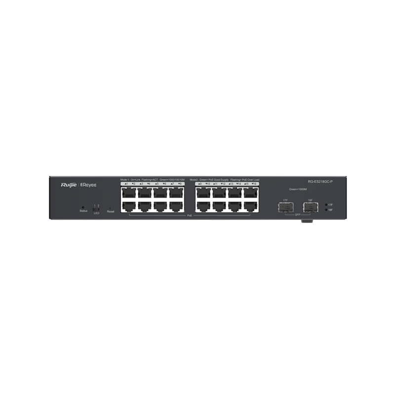 Switch Administrable PoE con 16 Puertos Gigabit - 802.3af-at 240W y Puertos 2 SFP de 1Gb - RG-ES218GC-P Ruijie - 1