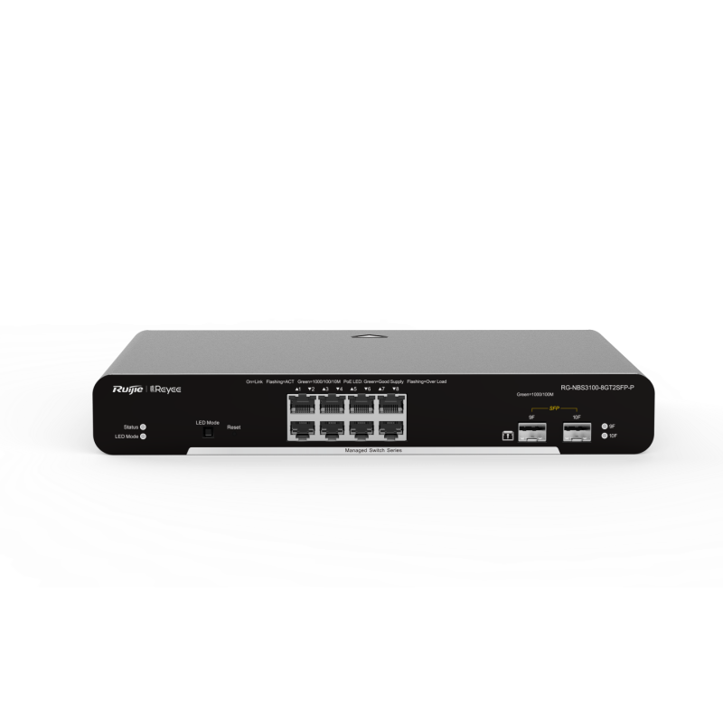 Switch PoE 8 Puertos Gigabit, 2 Puertos SFP para Fibra 1Gb y Potencia de 125W - RG-NBS3100-8GT2SFP-P Ruijie - 1