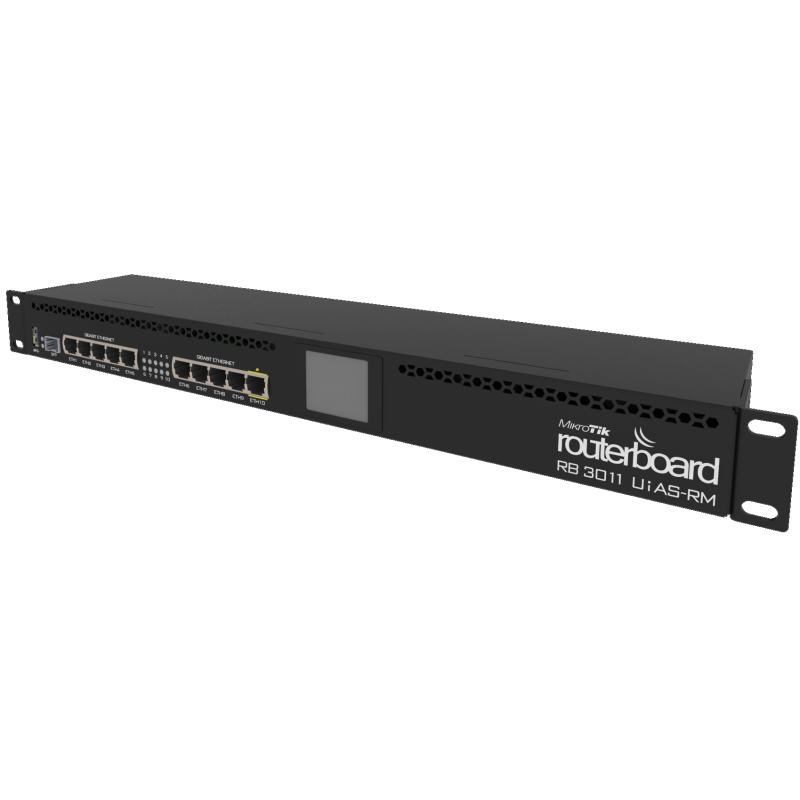 RouterBoard-MIKROTIK-CPU 2 Núcleos-10 Puertos Gigabit Ethernet-1 Puerto SFP-1 GB Memoria-Licencia Nivel 5 - RB3011UIAS-RM MIKROT