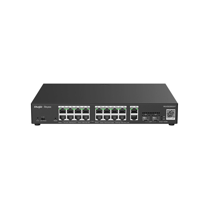 Switch PoE L2 Administrable en la Nube de 20 Puertos Gigabit, 16 PoE+, 2 Puertos RJ45 Gigabit, 2 Puertos SFP - RG-ES220GS-P Ruij