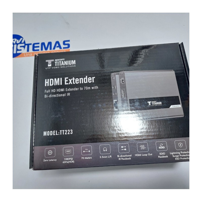 Kit Extensor-Epcom-HDMI-Soporta 1080P-@ 60 Hz-Cat 6, 6a y 7-Cero Latencia-HDR10-Salida Loop-Salida de audio de 3.5mm - TT223  - 