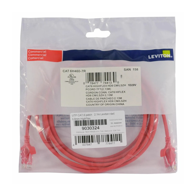 Patch cord ROJO de cable UTP Cat. 6 - LSZH de 2.1m - 6H460-07R Leviton - 2
