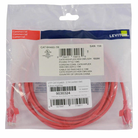Patch cord ROJO de cable UTP Cat. 6 - LSZH de 2.1m - 6H460-07R Leviton - 2