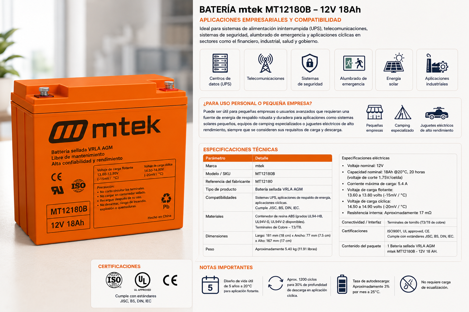 Bateria 12v 18amp Marca mtek