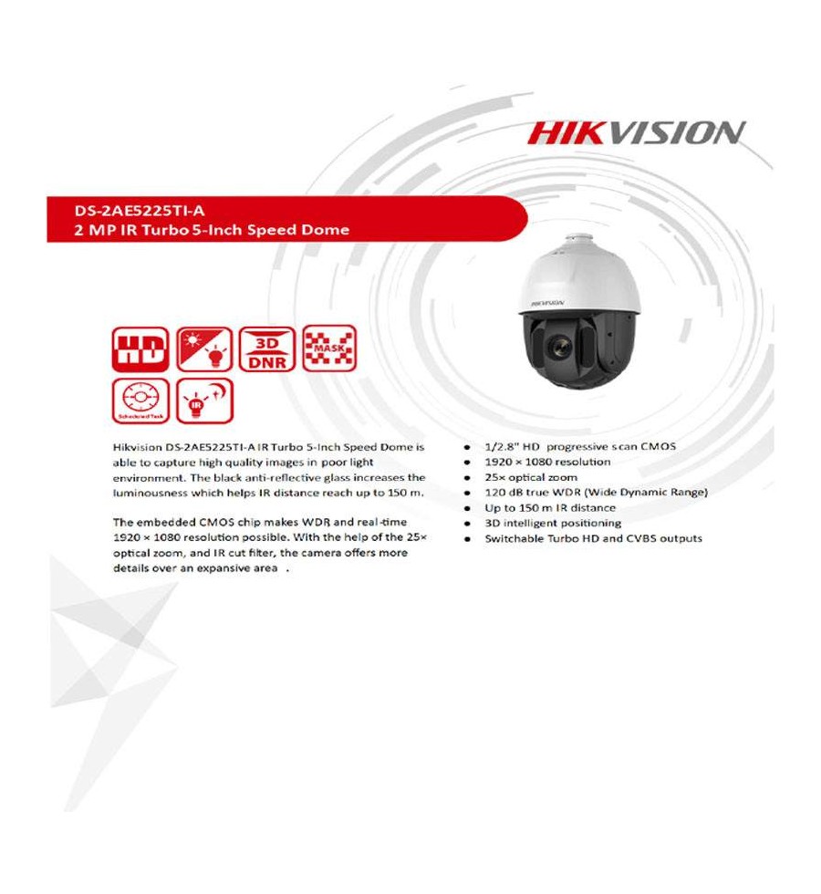 Cámara domo de velocidad analógica de 5 pulgadas IP66 Hikvision - DS-2AE5225TI-A Hikvision - 1